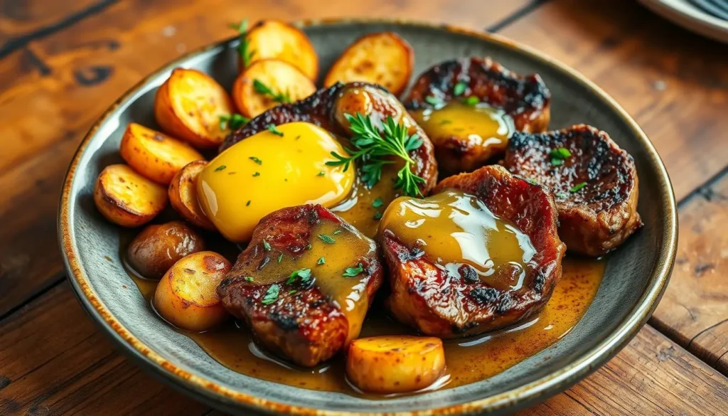 garlic butter steak bites and potatoes