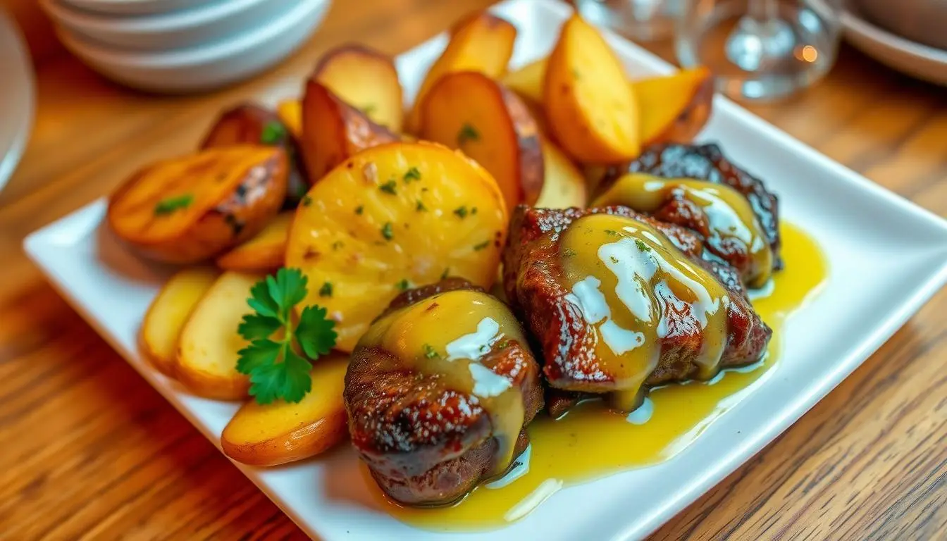 garlic butter steak bites and potatoes