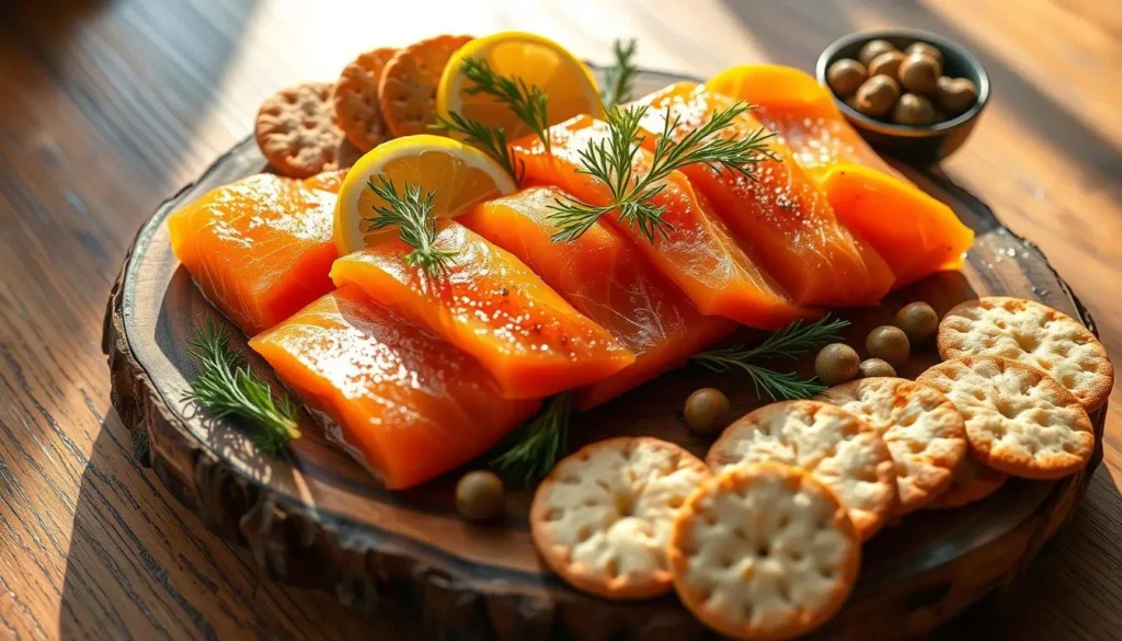 Smoked salmon on a wooden board